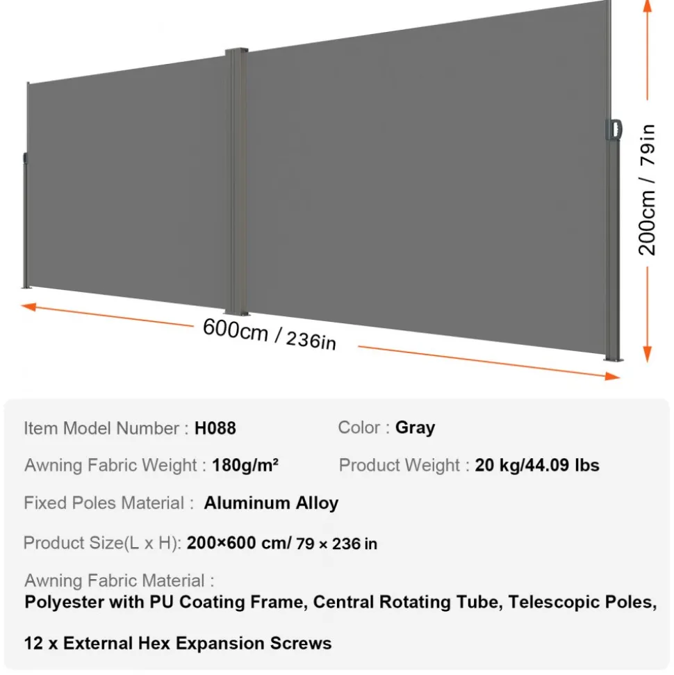 VEVOR Retractable Side Awning, 79''x 236'' Outdoor Privacy Screen, 180g Polyester Water-proof Retractable Patio Screen, UV 30+ Room Divider Wind Screen for Patio, Backyard, Balcony, Gray