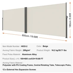 VEVOR Retractable Side Awning, 71''x 236'' Aluminum Outdoor Privacy Screen, 280g Polyester Water-proof Retractable Patio Screen, UV 30+ Room Divider Wind Screen for Patio, Backyard, Balcony, Beige