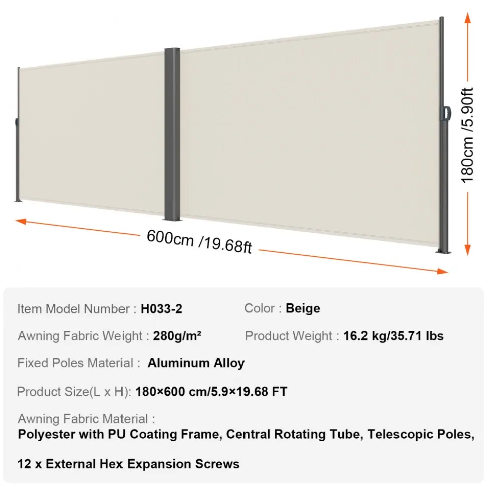 VEVOR Retractable Side Awning, 71''x 236'' Aluminum Outdoor Privacy Screen, 280g Polyester Water-proof Retractable Patio Screen, UV 30+ Room Divider Wind Screen for Patio, Backyard, Balcony, Beige