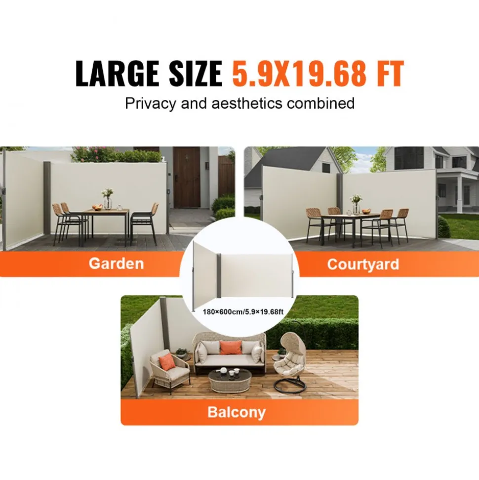VEVOR Retractable Side Awning, 71''x 236'' Aluminum Outdoor Privacy Screen, 280g Polyester Water-proof Retractable Patio Screen, UV 30+ Room Divider Wind Screen for Patio, Backyard, Balcony, Beige