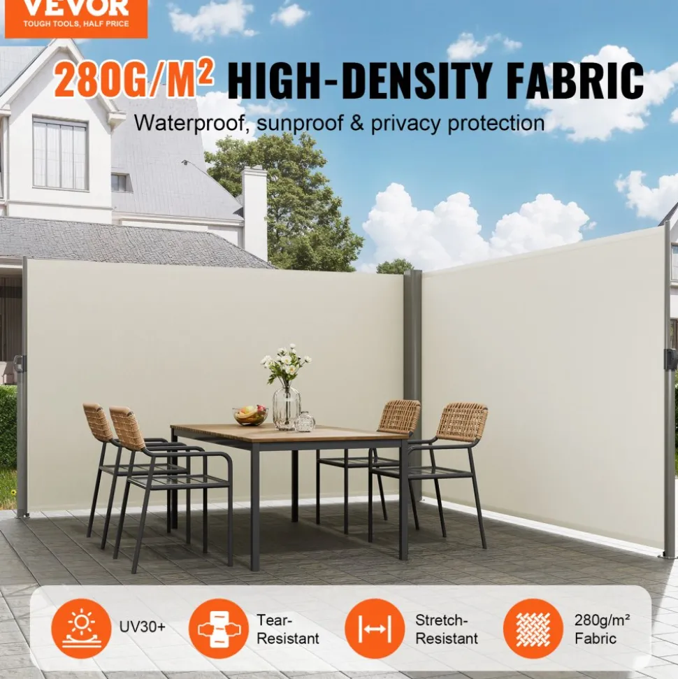 VEVOR Retractable Side Awning, 71''x 236'' Aluminum Outdoor Privacy Screen, 280g Polyester Water-proof Retractable Patio Screen, UV 30+ Room Divider Wind Screen for Patio, Backyard, Balcony, Beige