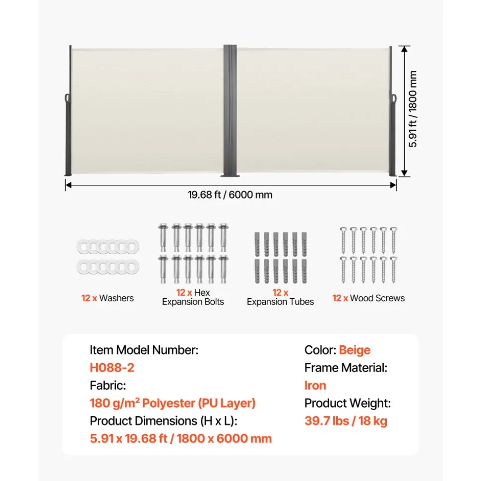 VEVOR Retractable Side Awning, 71" x 236" Patio Retractable Side Screen with 180 g/m² Polyester Fabric, Waterproof Sunshade Outdoor Privacy Screen Room Divider for Garden, Balcony, Pools, Deck, Beige