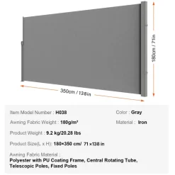 VEVOR Retractable Side Awning, 71" x 118" Patio Retractable Side Screen with 180 g/m² Polyester Fabric, Waterproof Sunshade Outdoor Privacy Screen Room Divider for Garden, Balcony, Pools, Deck, Gray