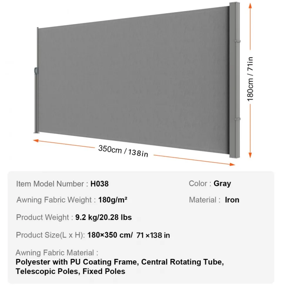 VEVOR Retractable Side Awning, 71''x 138'' Outdoor Privacy Screen, 180g Polyester Water-proof Retractable Patio Screen, UV 30+ Room Divider Wind Screen for Patio, Backyard, Balcony, Gray
