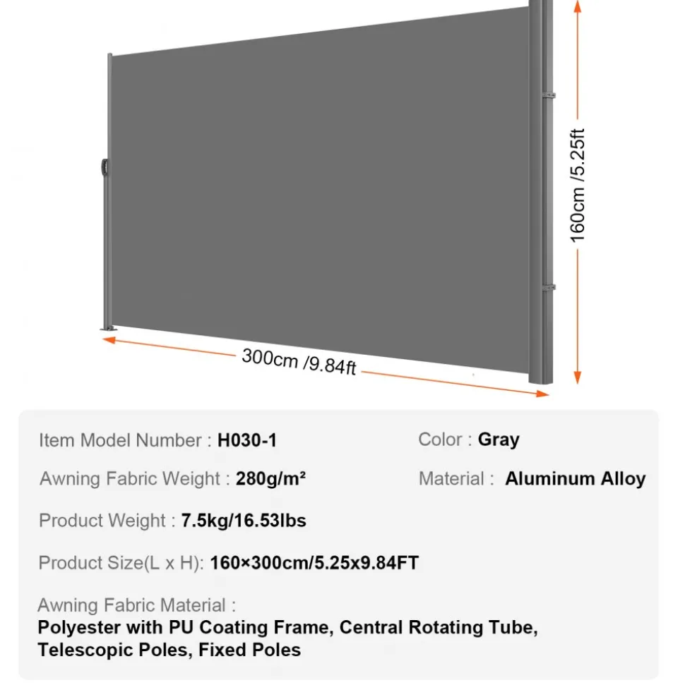 VEVOR Retractable Side Awning, 63''x 118'' Aluminum Outdoor Privacy Screen, 280g Polyester Water-proof Retractable Patio Screen, UV 30+ Room Divider Wind Screen for Patio, Backyard, Balcony, Gray