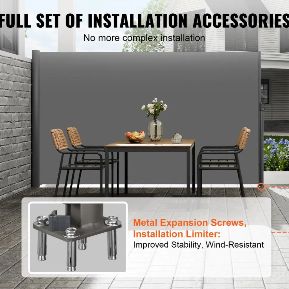 VEVOR Retractable Side Awning, 63''x 118'' Aluminum Outdoor Privacy Screen, 280g Polyester Water-proof Retractable Patio Screen, UV 30+ Room Divider Wind Screen for Patio, Backyard, Balcony, Gray