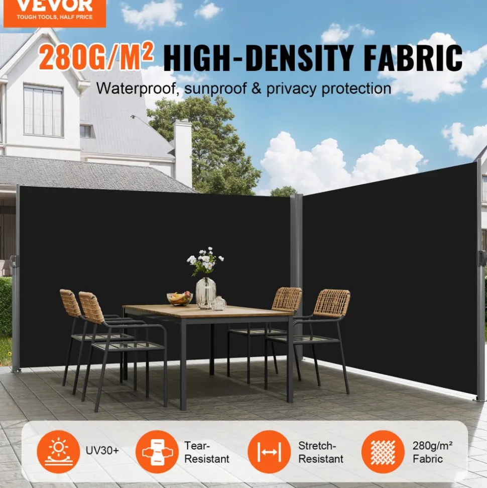 VEVOR Retractable Side Awning, 71''x 236'' Aluminum Outdoor Privacy Screen, 280g Polyester Water-proof Retractable Patio Screen, UV 30+ Room Divider Wind Screen for Patio, Backyard, Balcony, Black