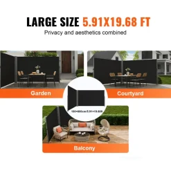 VEVOR Retractable Side Awning, 71''x 236'' Aluminum Outdoor Privacy Screen, 280g Polyester Water-proof Retractable Patio Screen, UV 30+ Room Divider Wind Screen for Patio, Backyard, Balcony, Black