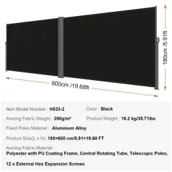 VEVOR Retractable Side Awning, 71''x 236'' Aluminum Outdoor Privacy Screen, 280g Polyester Water-proof Retractable Patio Screen, UV 30+ Room Divider Wind Screen for Patio, Backyard, Balcony, Black