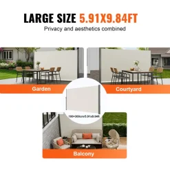 VEVOR Retractable Side Awning, 71''x 118'' Aluminum Outdoor Privacy Screen, 280g Polyester Water-proof Retractable Patio Screen, UV 30+ Room Divider Wind Screen for Patio, Backyard, Balcony, Beige