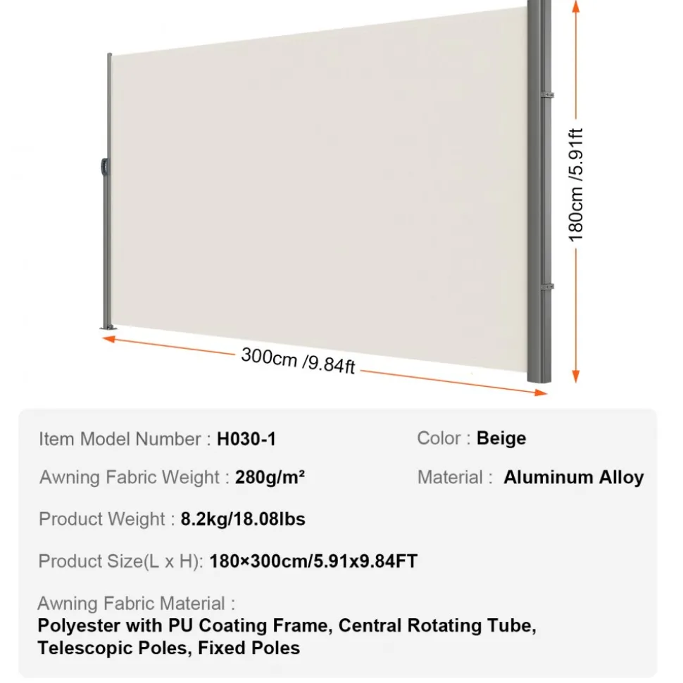 VEVOR Retractable Side Awning, 71''x 118'' Aluminum Outdoor Privacy Screen, 280g Polyester Water-proof Retractable Patio Screen, UV 30+ Room Divider Wind Screen for Patio, Backyard, Balcony, Beige