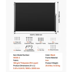 VEVOR Retractable Side Awning, 71" x 118" Patio Retractable Side Screen with 180 g/m² Polyester Fabric, Waterproof Sunshade Outdoor Privacy Screen Room Divider for Garden, Balcony, Pools, Deck, Black
