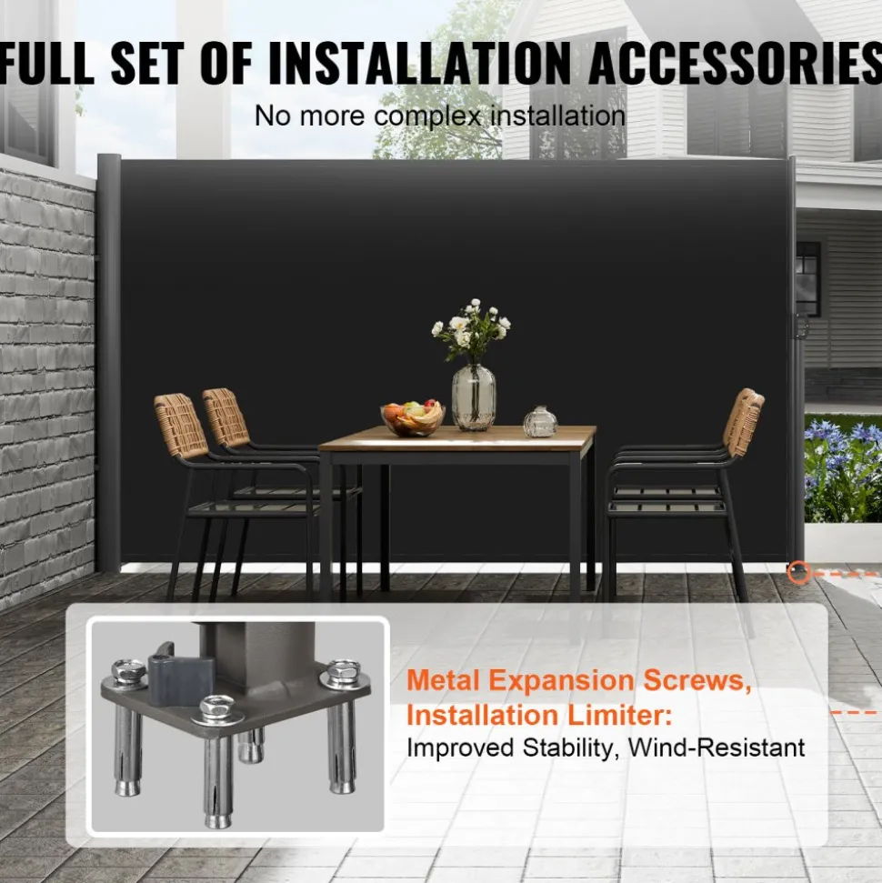 VEVOR Retractable Side Awning, 71''x 118'' Aluminum Outdoor Privacy Screen, 280g Polyester Water-proof Retractable Patio Screen, UV 30+ Room Divider Wind Screen for Patio, Backyard, Balcony, Black