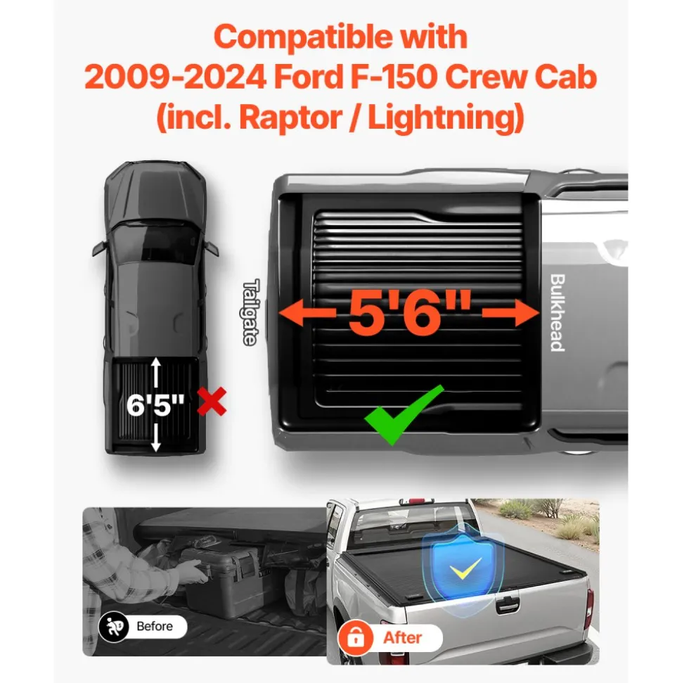 VEVOR Retractable Tonneau Cover, 5.5 ft Hard Retractable Tonneau Cover with Built-in Drainage Pipe for 2009-2024 Ford F-150 Crew Cab , Customized Hard Tonneau Cover with Double-Lock & T-Slot