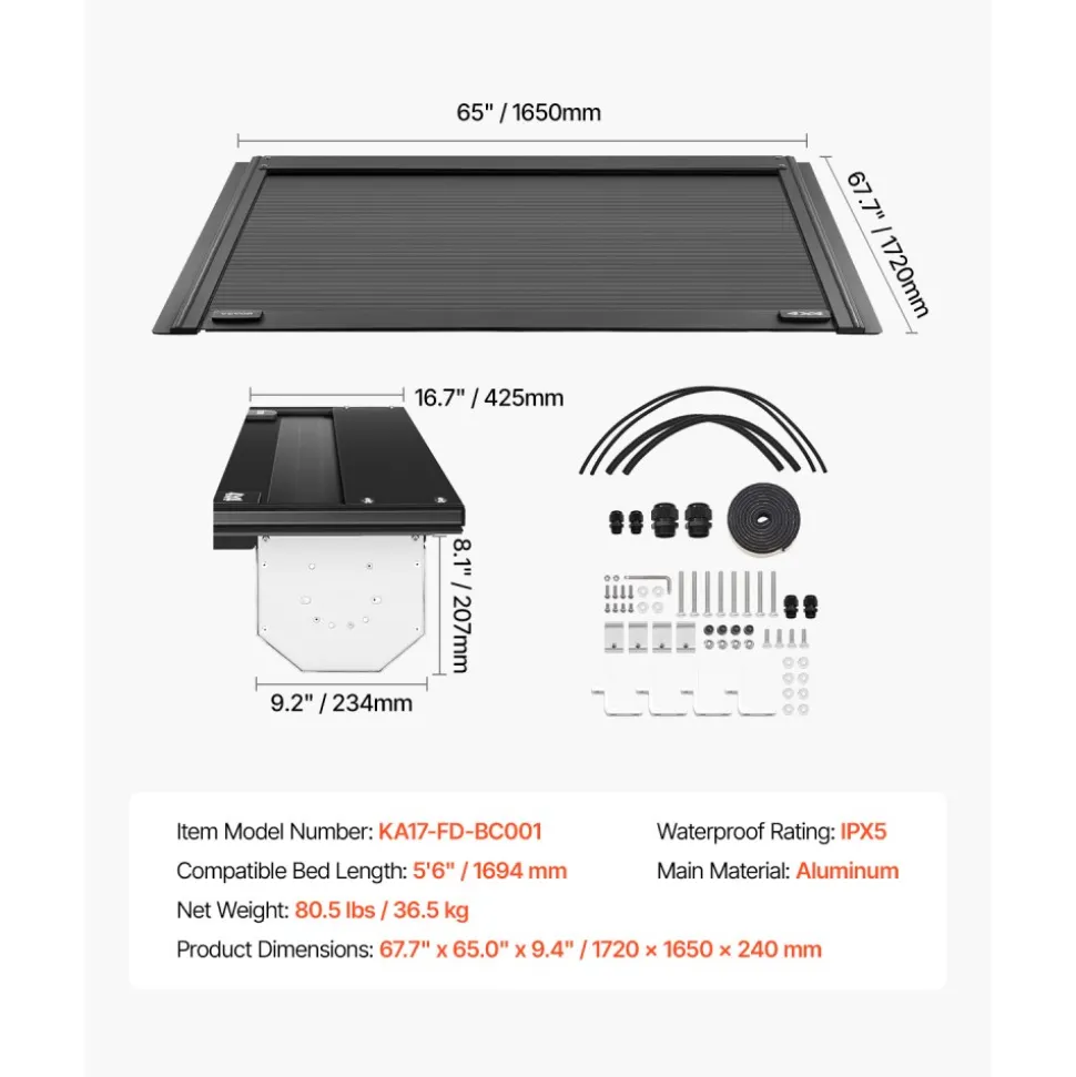 VEVOR Retractable Tonneau Cover, 5.5 ft Hard Retractable Tonneau Cover with Built-in Drainage Pipe for 2009-2024 Ford F-150 Crew Cab , Customized Hard Tonneau Cover with Double-Lock & T-Slot