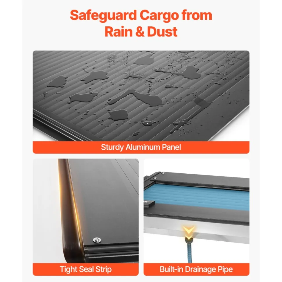 VEVOR Retractable Tonneau Cover, 5.5 ft Hard Retractable Tonneau Cover with Built-in Drainage Pipe for 2009-2024 Ford F-150 Crew Cab , Customized Hard Tonneau Cover with Double-Lock & T-Slot