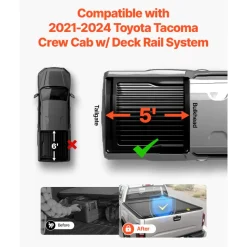VEVOR Retractable Tonneau Cover, 5.0 ft Retractable Tonneau Cover with Built-in Drainage Pipe for 2021-2024 Toyota Tacoma Crew Cab w/ Deck Rail System , Hard Tonneau Cover with Double-Lock & T-Slot