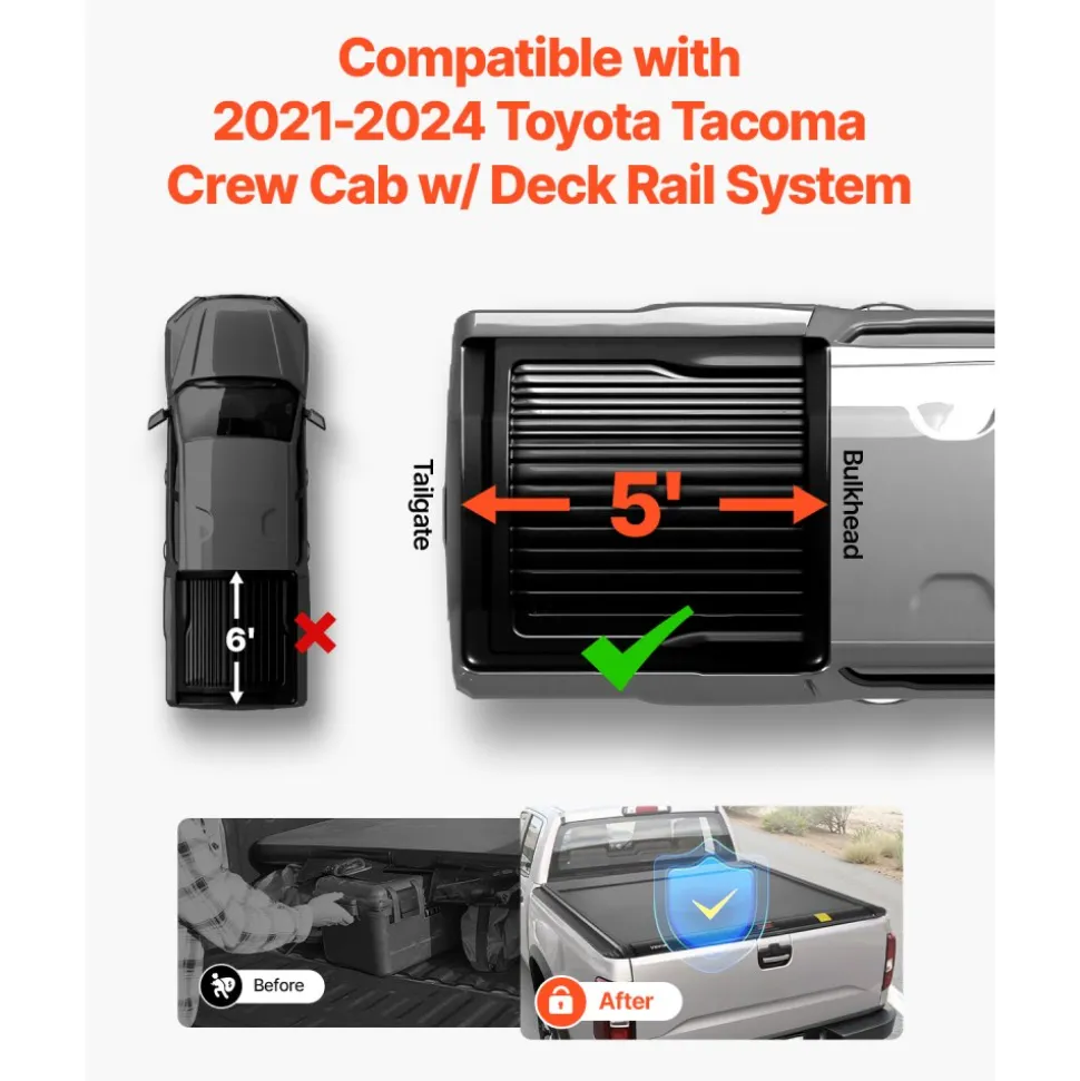 VEVOR Retractable Tonneau Cover, 5.0 ft Retractable Tonneau Cover with Built-in Drainage Pipe for 2021-2024 Toyota Tacoma Crew Cab w/ Deck Rail System , Hard Tonneau Cover with Double-Lock & T-Slot