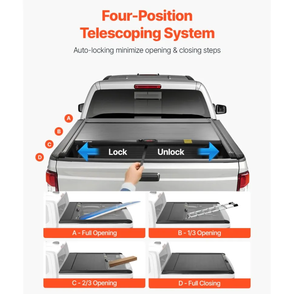 VEVOR Retractable Tonneau Cover, 5.8 ft Hard Tonneau Cover with Built-in Drainage Pipe for 2021-2024 Chevy/GMC Silverado/Sierra 1500 Crew Cab, Customized Hard Tonneau Cover with Double-Lock & T-Slot