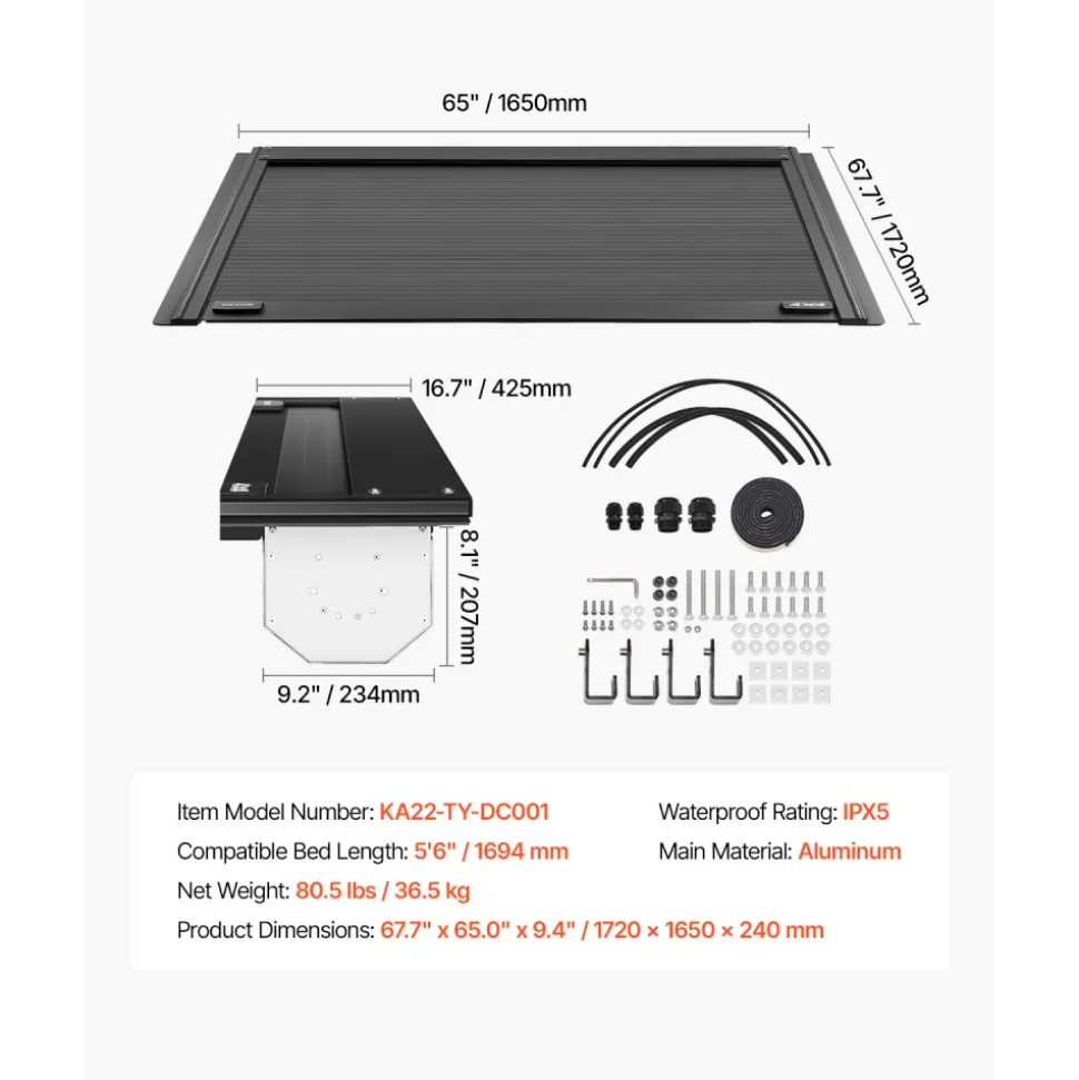 VEVOR Retractable Tonneau Cover, 5.5 ft Hard Tonneau Cover with Built-in Drainage Pipe for 2022 - 2024 Toyota Tundra Crew Cab w/ Deck Rail System , Hard Tonneau Cover with Double-Lock & T-Slot