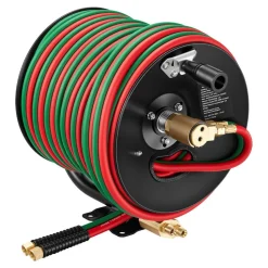 VEVOR Retractable Welding Hose Reel, 1/4-Inch x 50FT Twin Oxygen Acetylene Rubber Hose Max 300PSI - T Grade, Ceiling/Wall Mount Heavy Duty Steel Hose Reel Auto-Rewind, Ideal for Workshops Garages