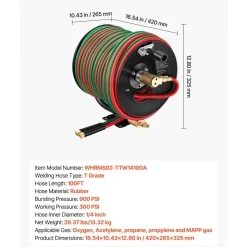 VEVOR Retractable Welding Hose Reel, 1/4-Inch x 50FT Twin Oxygen Acetylene Rubber Hose Max 300PSI - T Grade, Ceiling/Wall Mount Heavy Duty Steel Hose Reel Auto-Rewind, Ideal for Workshops Garages