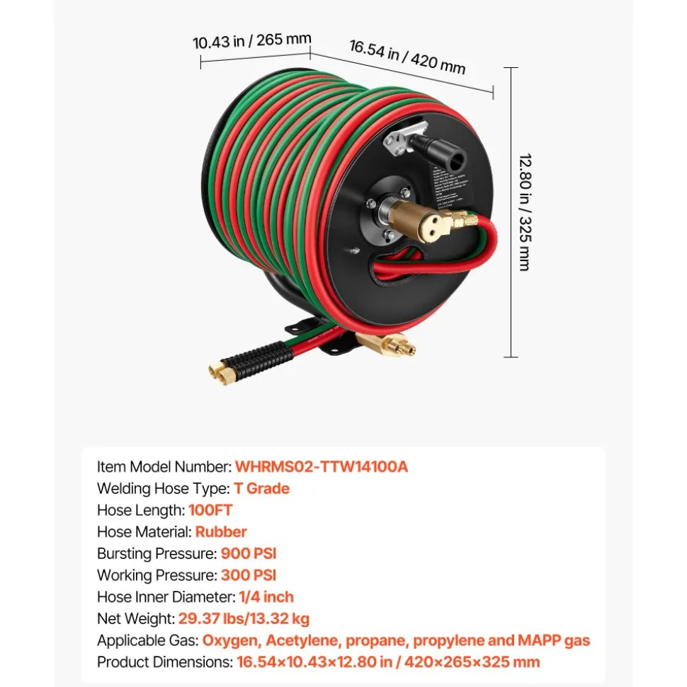 VEVOR Retractable Welding Hose Reel, Hand Crank Manual Rewind Hose Reel with 1/4 Inch x 100FT Twin Oxygen Acetylene Rubber Hose Max 300PSI - T Grade, Ceiling/Wall Mount Steel Reel for Workshop Garages