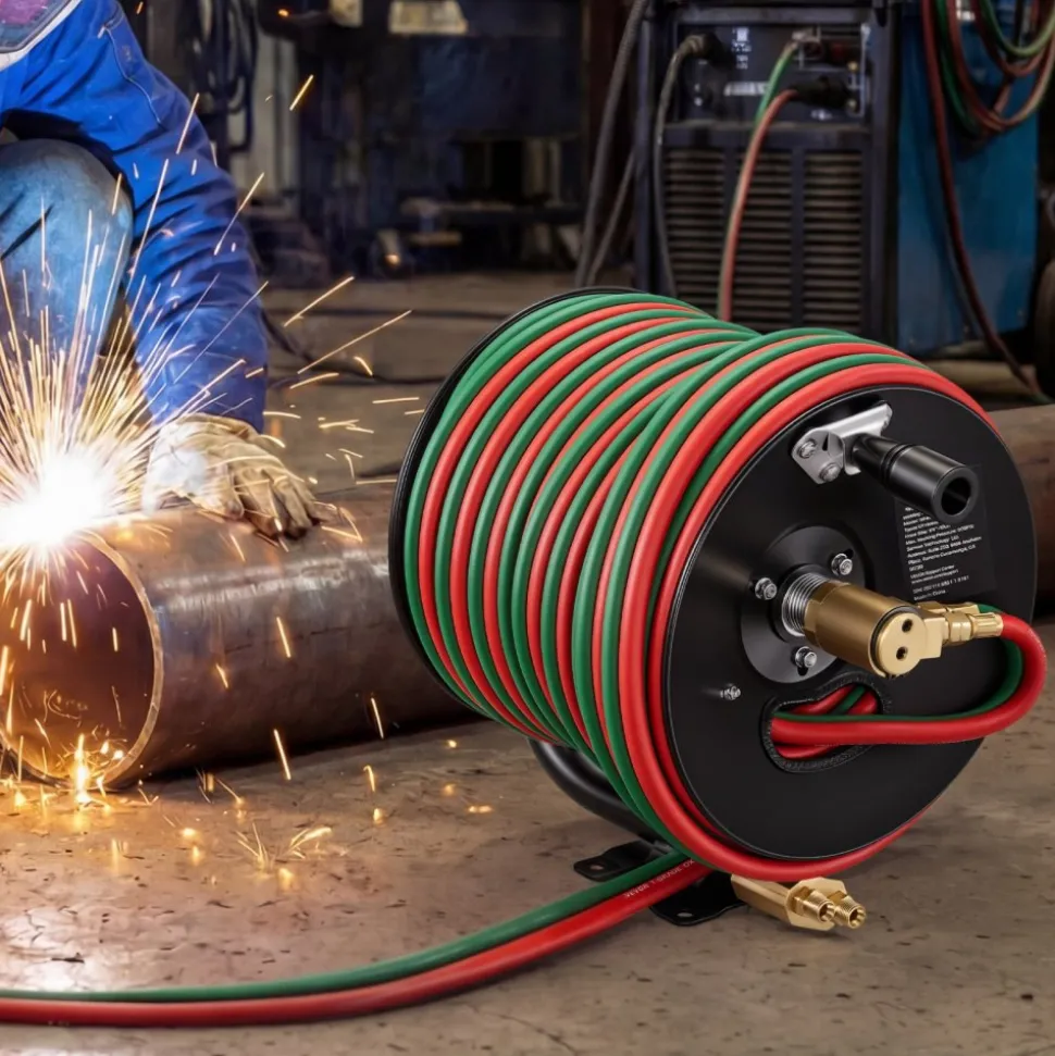 VEVOR Retractable Welding Hose Reel, Hand Crank Manual Rewind Hose Reel with 1/4 Inch x 100FT Twin Oxygen Acetylene Rubber Hose Max 300PSI - T Grade, Ceiling/Wall Mount Steel Reel for Workshop Garages