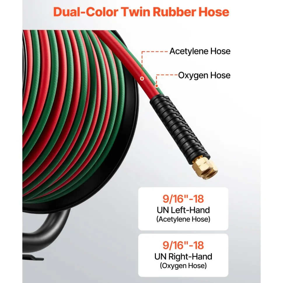 VEVOR Retractable Welding Hose Reel, Hand Crank Manual Rewind Hose Reel with 1/4 Inch x 100FT Twin Oxygen Acetylene Rubber Hose Max 300PSI - T Grade, Ceiling/Wall Mount Steel Reel for Workshop Garages