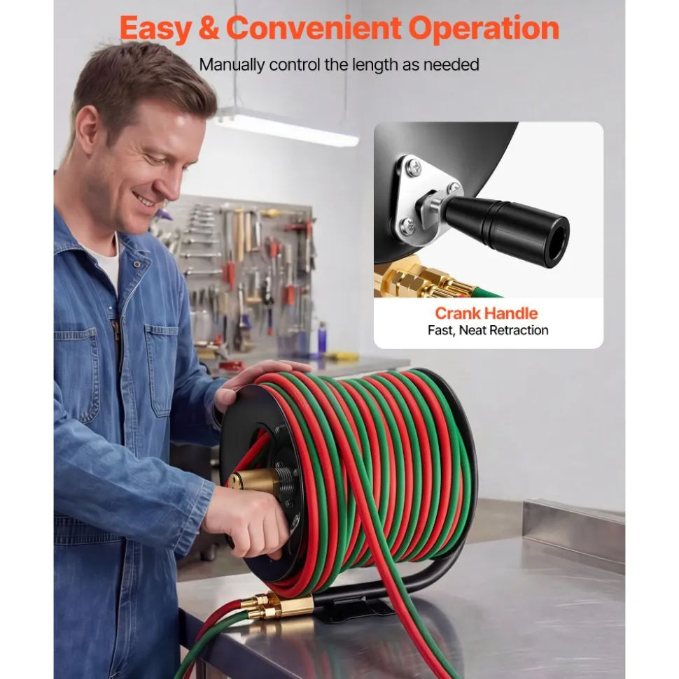 VEVOR Retractable Welding Hose Reel, Hand Crank Manual Rewind Hose Reel with 1/4 Inch x 100FT Twin Oxygen Acetylene Rubber Hose Max 300PSI - T Grade, Ceiling/Wall Mount Steel Reel for Workshop Garages