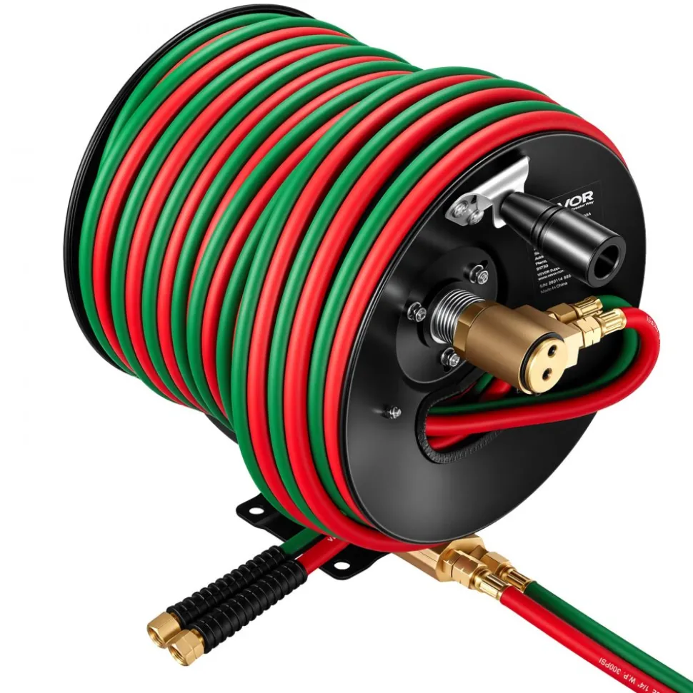 VEVOR Retractable Welding Hose Reel, Hand Crank Manual Rewind Hose Reel with 1/4 Inch x 100FT Twin Oxygen Acetylene Rubber Hose Max 300PSI - T Grade, Ceiling/Wall Mount Steel Reel for Workshop Garages