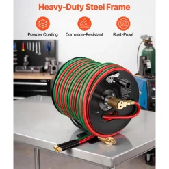 VEVOR Retractable Welding Hose Reel, Hand Crank Manual Rewind Hose Reel with 1/4 Inch x 100FT Twin Oxygen Acetylene Rubber Hose Max 300PSI - T Grade, Ceiling/Wall Mount Steel Reel for Workshop Garages