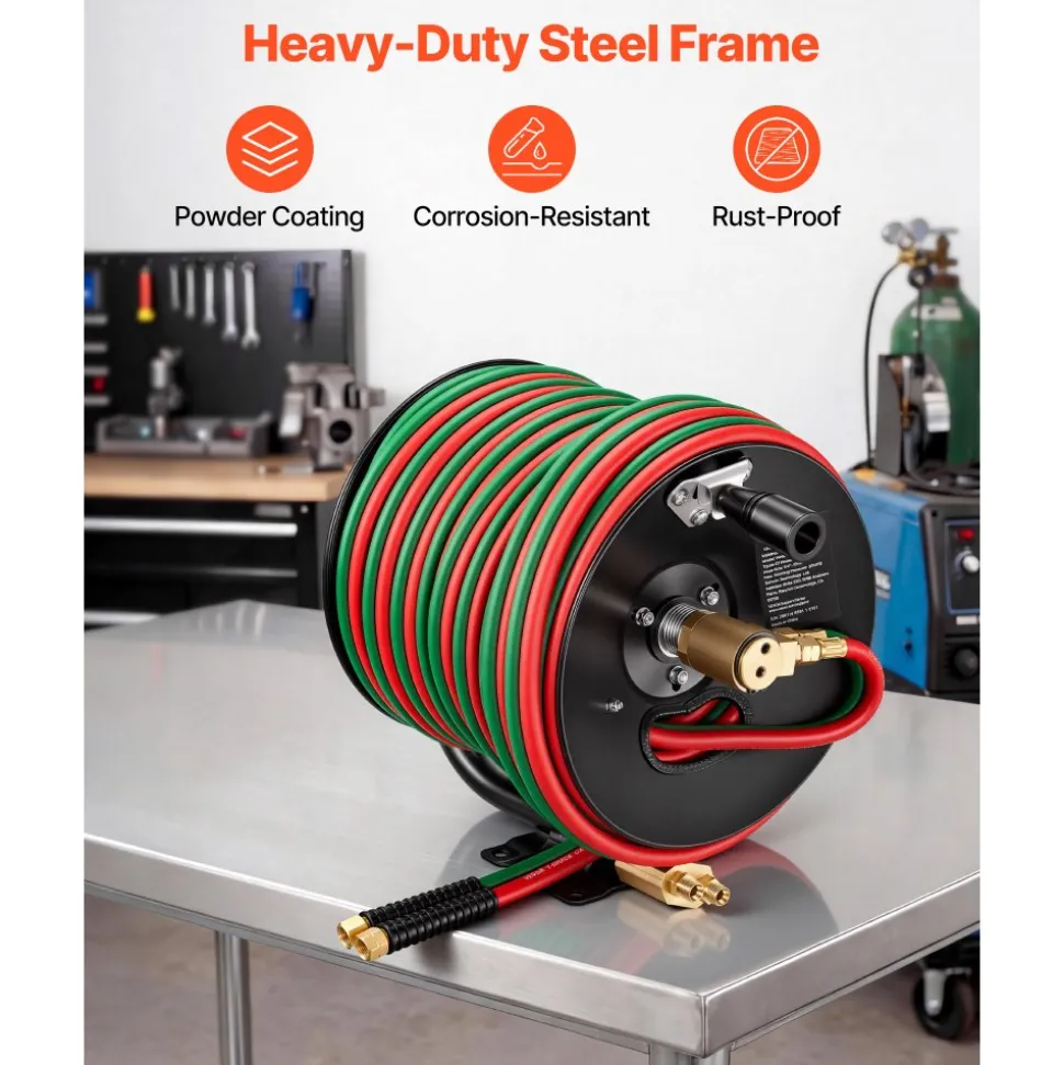 VEVOR Retractable Welding Hose Reel, Hand Crank Manual Rewind Hose Reel with 1/4 Inch x 100FT Twin Oxygen Acetylene Rubber Hose Max 300PSI - T Grade, Ceiling/Wall Mount Steel Reel for Workshop Garages
