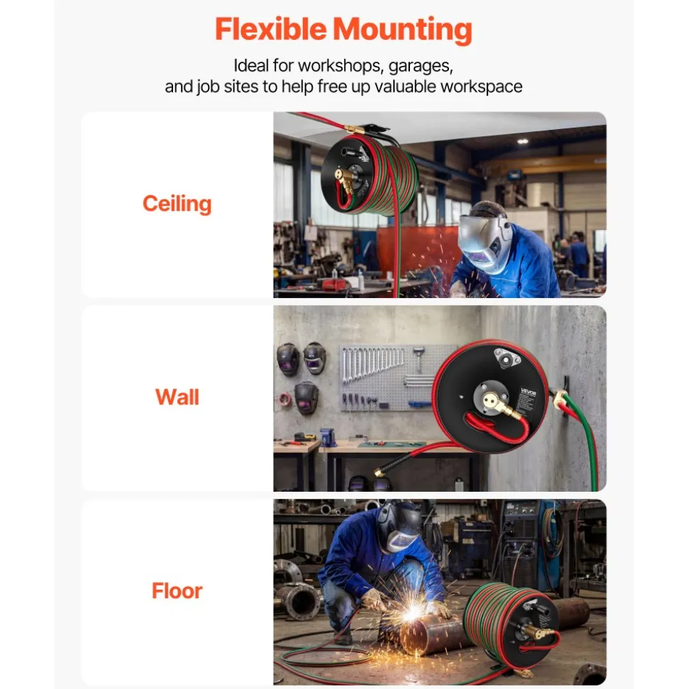 VEVOR Retractable Welding Hose Reel, Hand Crank Manual Rewind Hose Reel with 1/4 Inch x 100FT Twin Oxygen Acetylene Rubber Hose Max 300PSI - T Grade, Ceiling/Wall Mount Steel Reel for Workshop Garages