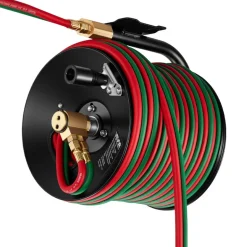 VEVOR Retractable Welding Hose Reel, Hand Crank Manual Rewind Hose Reel with 1/4 Inch x 100FT Twin Oxygen Acetylene Rubber Hose Max 300PSI - T Grade, Ceiling/Wall Mount Steel Reel for Workshop Garages