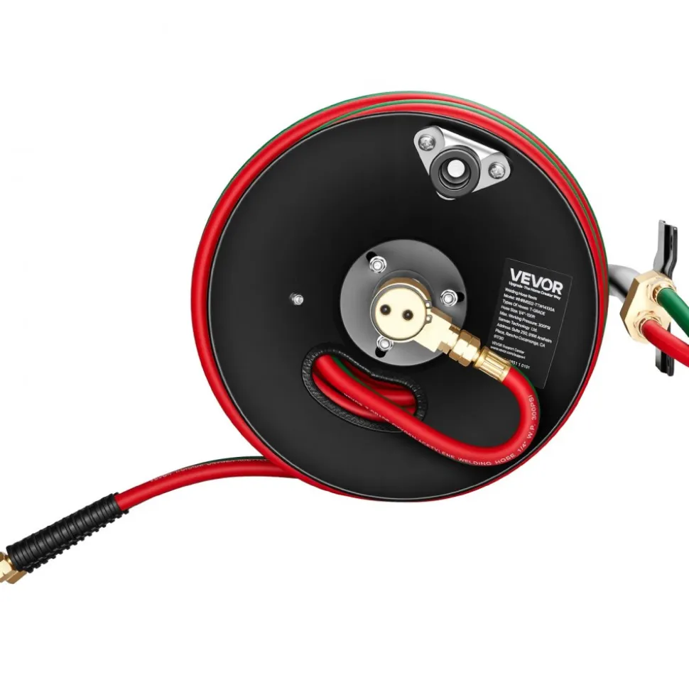 VEVOR Retractable Welding Hose Reel, Hand Crank Manual Rewind Hose Reel with 1/4 Inch x 100FT Twin Oxygen Acetylene Rubber Hose Max 300PSI - T Grade, Ceiling/Wall Mount Steel Reel for Workshop Garages