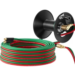 VEVOR Retractable Welding Hose Reel, Hand Crank Manual Rewind Hose Reel with 1/4 Inch x 100FT Twin Oxygen Acetylene Rubber Hose Max 300PSI - T Grade, Ceiling/Wall Mount Steel Reel for Workshop Garages