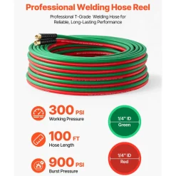 VEVOR Retractable Welding Hose Reel, Hand Crank Manual Rewind Hose Reel with 1/4 Inch x 100FT Twin Oxygen Acetylene Rubber Hose Max 300PSI - T Grade, Ceiling/Wall Mount Steel Reel for Workshop Garages