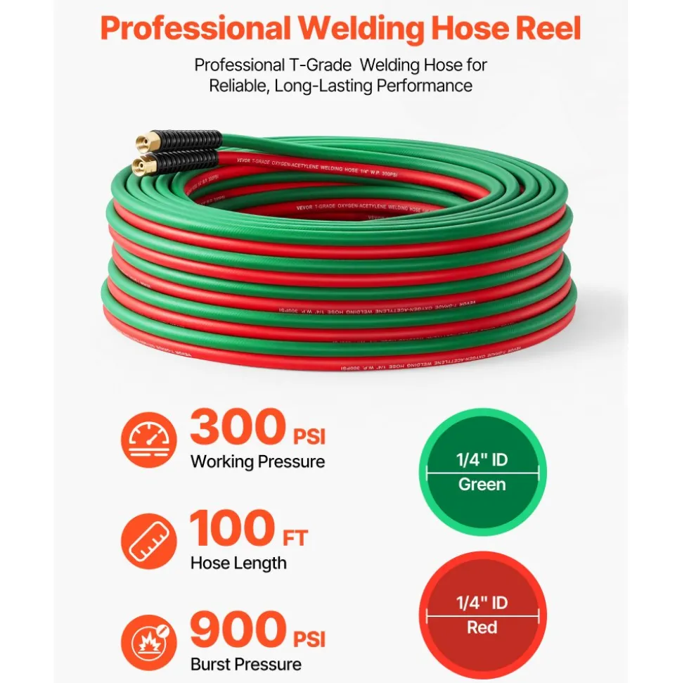 VEVOR Retractable Welding Hose Reel, Hand Crank Manual Rewind Hose Reel with 1/4 Inch x 100FT Twin Oxygen Acetylene Rubber Hose Max 300PSI - T Grade, Ceiling/Wall Mount Steel Reel for Workshop Garages