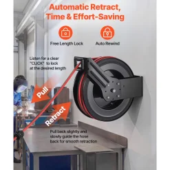 VEVOR Retractable Welding Hose Reel, 1/4 Inch x 100FT Twin Oxygen Acetylene Rubber Hose Max 300PSI - R Grade, Ceiling/Wall Mount Heavy Duty Steel Hose Reel Auto-Rewind, Ideal for Workshops Garages
