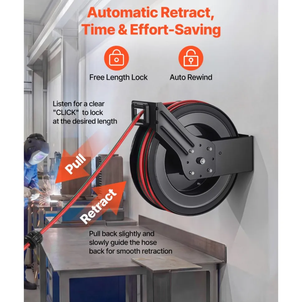 VEVOR Retractable Welding Hose Reel, 1/4 Inch x 100FT Twin Oxygen Acetylene Rubber Hose Max 300PSI - R Grade, Ceiling/Wall Mount Heavy Duty Steel Hose Reel Auto-Rewind, Ideal for Workshops Garages