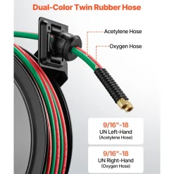 VEVOR Retractable Welding Hose Reel, 1/4 Inch x 100FT Twin Oxygen Acetylene Rubber Hose Max 300PSI - R Grade, Ceiling/Wall Mount Heavy Duty Steel Hose Reel Auto-Rewind, Ideal for Workshops Garages