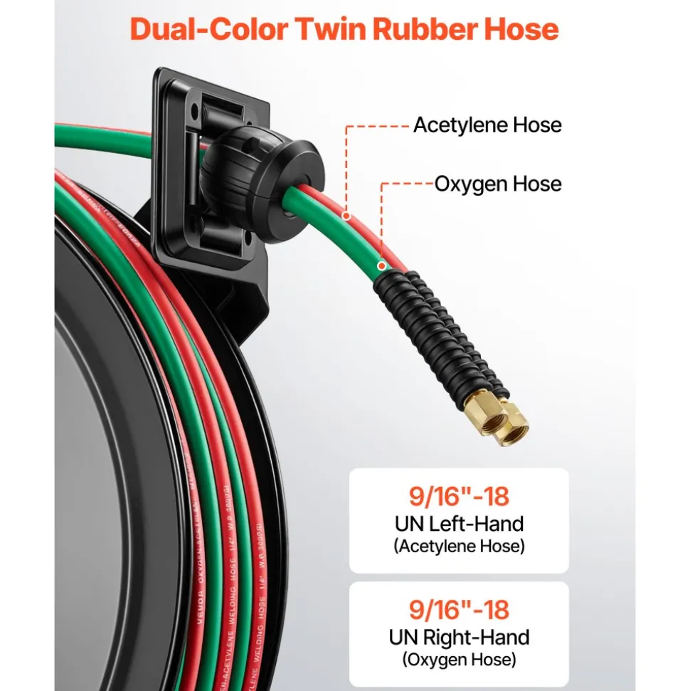 VEVOR Retractable Welding Hose Reel, 1/4 Inch x 100FT Twin Oxygen Acetylene Rubber Hose Max 300PSI - R Grade, Ceiling/Wall Mount Heavy Duty Steel Hose Reel Auto-Rewind, Ideal for Workshops Garages