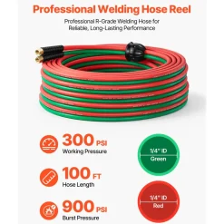 VEVOR Retractable Welding Hose Reel, 1/4 Inch x 100FT Twin Oxygen Acetylene Rubber Hose Max 300PSI - R Grade, Ceiling/Wall Mount Heavy Duty Steel Hose Reel Auto-Rewind, Ideal for Workshops Garages