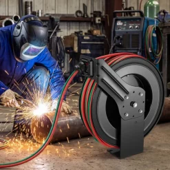 VEVOR Retractable Welding Hose Reel, 1/4 Inch x 100FT Twin Oxygen Acetylene Rubber Hose Max 300PSI - R Grade, Ceiling/Wall Mount Heavy Duty Steel Hose Reel Auto-Rewind, Ideal for Workshops Garages