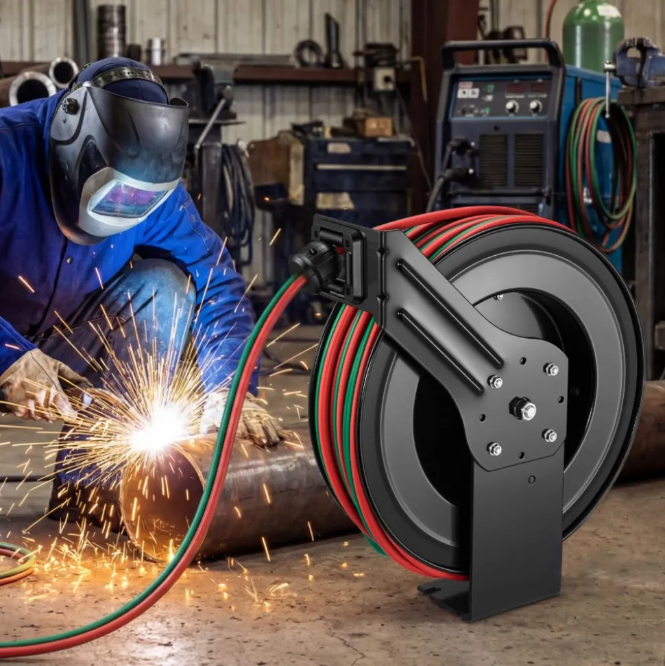 VEVOR Retractable Welding Hose Reel, 1/4 Inch x 100FT Twin Oxygen Acetylene Rubber Hose Max 300PSI - R Grade, Ceiling/Wall Mount Heavy Duty Steel Hose Reel Auto-Rewind, Ideal for Workshops Garages