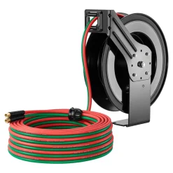 VEVOR Retractable Welding Hose Reel, 1/4 Inch x 100FT Twin Oxygen Acetylene Rubber Hose Max 300PSI - R Grade, Ceiling/Wall Mount Heavy Duty Steel Hose Reel Auto-Rewind, Ideal for Workshops Garages