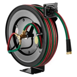 VEVOR Retractable Welding Hose Reel, 1/4 Inch x 100FT Twin Oxygen Acetylene Rubber Hose Max 300PSI - R Grade, Ceiling/Wall Mount Heavy Duty Steel Hose Reel Auto-Rewind, Ideal for Workshops Garages