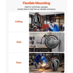 VEVOR Retractable Welding Hose Reel, 1/4 Inch x 100FT Twin Oxygen Acetylene Rubber Hose Max 300PSI - R Grade, Ceiling/Wall Mount Heavy Duty Steel Hose Reel Auto-Rewind, Ideal for Workshops Garages