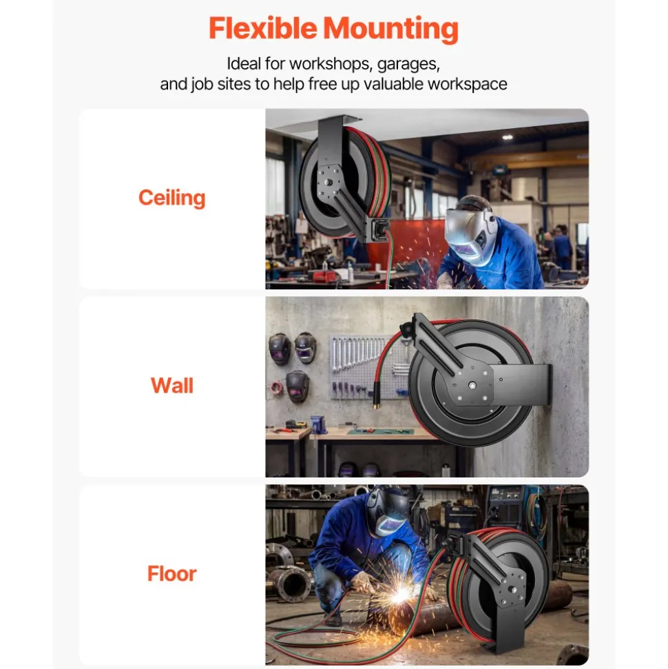 VEVOR Retractable Welding Hose Reel, 1/4 Inch x 100FT Twin Oxygen Acetylene Rubber Hose Max 300PSI - R Grade, Ceiling/Wall Mount Heavy Duty Steel Hose Reel Auto-Rewind, Ideal for Workshops Garages